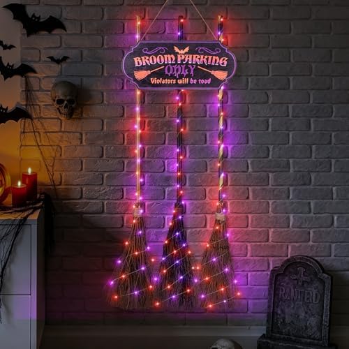Halloween Broom Parking Sign with 3 Brooms, Orange Purple Lights by Iheqard
