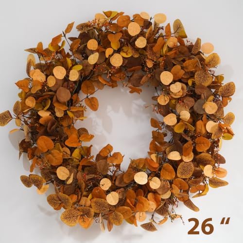 Eucalyptus Wreaths for Front Door Handmade Green Leaves Wreath for Summer, Spring and All Seasons, Greenery Floral Wreath for Wall and Outside (Fall, 26 inch) - Image 2