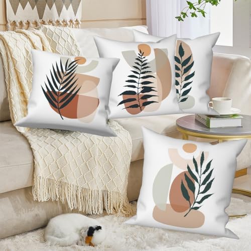 Boho Abstract Throw Pillow Covers 26"x26" Set of 4, Plant Leaves Geometric Minimalist Aesthetic Pillowcase for Sofa Chair Couch Bed Living Room Office Garden Patio Farmhouse Decorative - Image 5