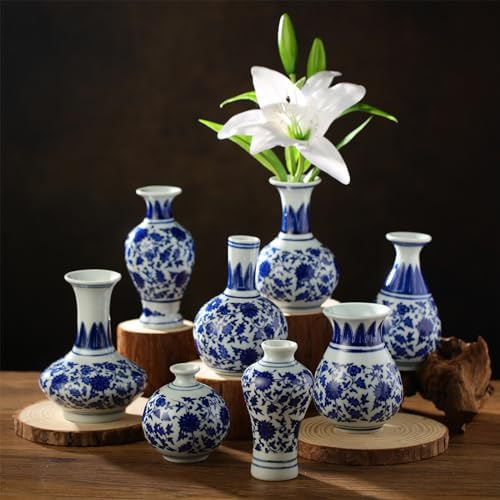Dandat 8 Pcs Small Blue and White Ceramic Vase, Chinoiserie Floral,Elegant - Image 6