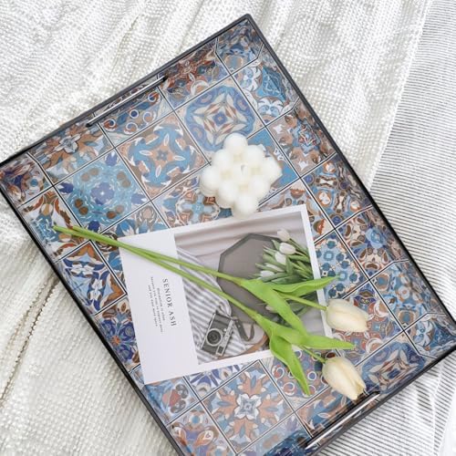 Spsyrine Plastic Serving Tray with Handles for Coffee Table, Boho - Image 2