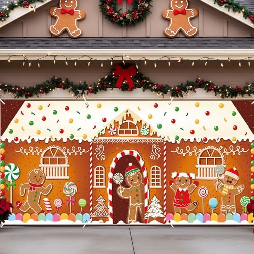 HunnmingRe 16 x 7ft Christmas Garage Door Cover, Gingerbread Man by HunnmingRe