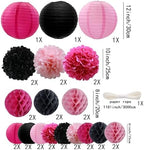 WOLHOWLTD Pink Mouse Paper Decoration Set - 33 Pcs Paper Lanterns, Pompoms, Honeycomb for WeddingValentine's Day,School Day,Bridal Shower,Birthday Party,Home Garden Decoration(Rosy Black Pink) - Image 2