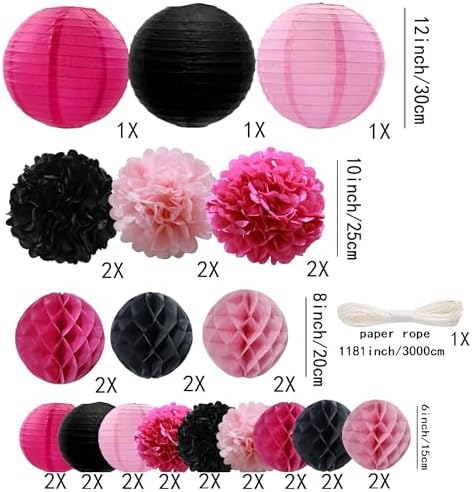 WOLHOWLTD Pink Mouse Paper Decoration Set - 33 Pcs Paper Lanterns, Pompoms, Honeycomb for WeddingValentine's Day,School Day,Bridal Shower,Birthday Party,Home Garden Decoration(Rosy Black Pink) - Image 2