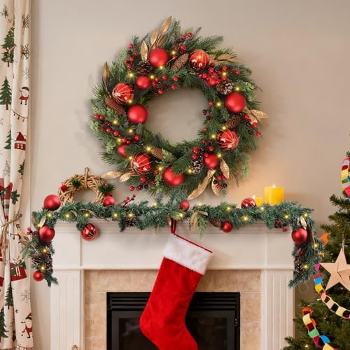 24 inch Christmas Wreath, Christmas Wreath for Front Door, Christmas Door Wreath Decor for Xmas Indoor Outdoor Holiday Decor (Red Ball) - Image 4