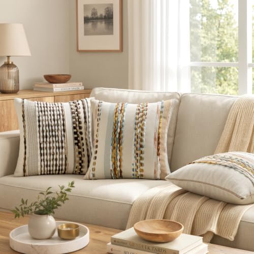 ANRODUO Boho Decorative Pillow Covers Dark Brown Stripe 20x20 Pack of 2 - Image 2
