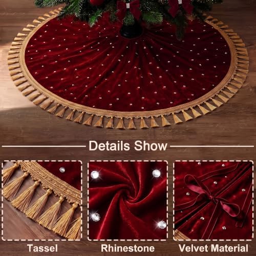 Roowest 48 Inch Burgundy Christmas Tree Skirt Velvet, Round - Image 3