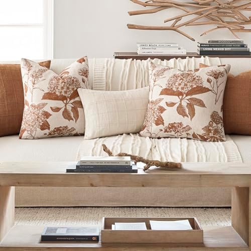 Foindtower Set of 2 Linen Floral Throw Pillow Covers Vintage Accent Print Decorative Cozy Cushion Covers Farmhouse Boho Home Decor for Sofa Chair Couch Bedroom Living Room,24×24 Inch,Autumn Orange - Image 6