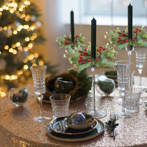8 PCS Christmas Pine Taper Candle Rings Wreaths 1.38" Mini Norfolk Cedar Taper Candle Holder Wreaths Candle Rings with Berry for Xmas Winter Holiday Church Home Table Centerpiece Candlesticks Decor - Image 2