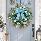 22 Inch Lighted Christmas Wreath with Timer, Blue Bow and Ornaments - Image 5