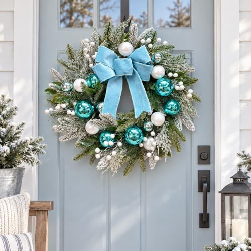 22 Inch Lighted Christmas Wreath with Timer, Blue Bow and Ornaments - Image 5
