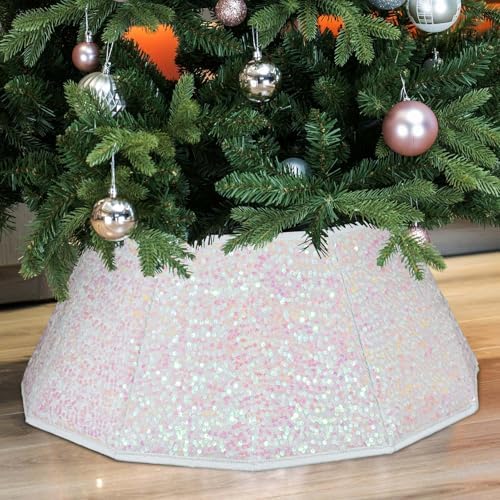 HarcoHome Glitter Christmas Tree Collar for 8ft Trees, 26.8" D Sparking Sequins Tree Skirt, Foldable Shiny Tree Ring, Handmade Tree Stand Base Cover for Xmas Tree Decoration (Pink Glitter) by HarcoHome
