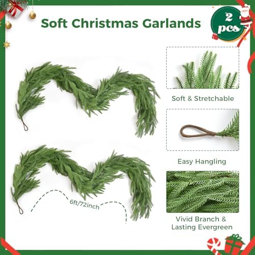 12FT(2 * 6FT) Christmas Norfolk Pine Garlands, Winter Decor Real Touch Pine Garland, Artificial Greenery Xmas Garland for Holiday, Table, Wall, Fireplace, Mantel, Indoor & Outdoor Decoration (2 Pack) - Image 3