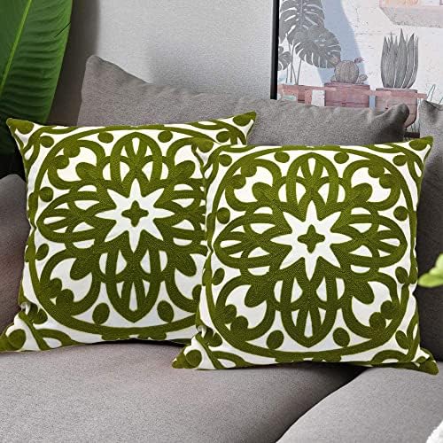 Alysheer Boho Embroidered Throw Pillow Cover 18"x18" Set of 2, Olive Green by Alysheer