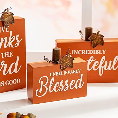 Glitzhome 3 Pack Fall Wooden Table Signs Farmhouse Thanksgiving Wood Blocks for Table Decorations Give Thanks to The Lord Thanksful Grateful Blessed Centerpiece for Tiered Tray Decor - Image 4
