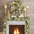 WANNA-CUL Pre-Lit 6 Feet/72 Inch Christmas Garland for Front Door with Lights Champagne Gold Christmas Mantel Garland Decoration with Ball Ornaments, Poinsettia Flowers,Ribbon,Battery Operated 30 LED - Image 6