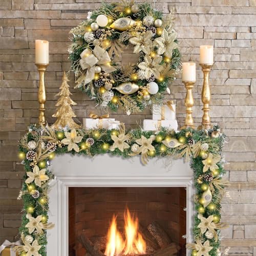 WANNA-CUL Pre-Lit 6 Feet/72 Inch Christmas Garland for Front Door with Lights Champagne Gold Christmas Mantel Garland Decoration with Ball Ornaments, Poinsettia Flowers,Ribbon,Battery Operated 30 LED - Image 6