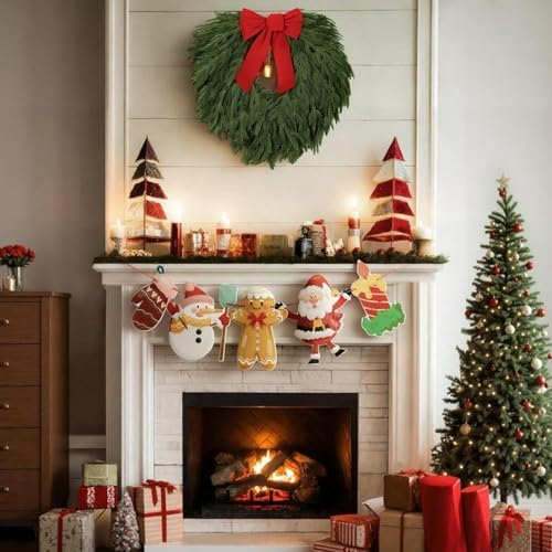 24" Norfolk Pine Wreath, Artificial Christmas Wreaths, Real Touch Green Winter Garland for Front Door Wall Indoor Outdoor Christmas Holiday Decor, with Bow & Bell, FF12 - Image 3