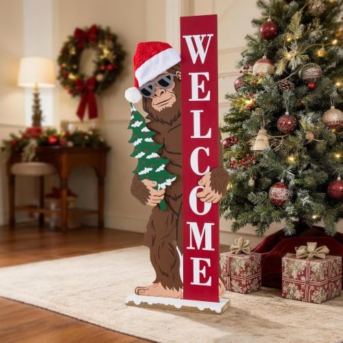 Glitzhome 36.5"H Christmas Wooden Big Foot Porch Sign,Standing Porch Decor with Santa Hat and Mini Tree, Merry Christmas Welcome Sign for Holiday Front Porch Outdoor Decorations - Image 3
