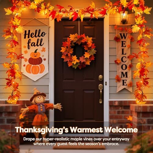 Fall Decorations for Home 18 FT Pre-lit Fall Garland with 100 LED Orange Lights, 8 Lighting Modes, Timer, Battery Operated Maple Leaves Garland for Fall Thanksgiving Mantel Door Fireplace Decor - Image 3