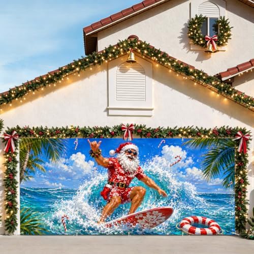 7x16FT Merry Chrismas Garage Door Banner Santa Claus Surfing Beach Garage Door Cover Decoration for Chrismas Outdoor Decoration - Image 2