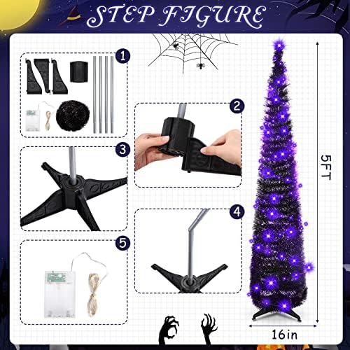 Aoriher 5 ft Pre-lit Pop up Collapsible Black Christmas Tinsel Tree Decor with Purple String Lights Reusable Artificial Sequins Pencil Slim Tree with 4 Legged Bracket Holiday Party Indoor Outdoor Home - Image 2