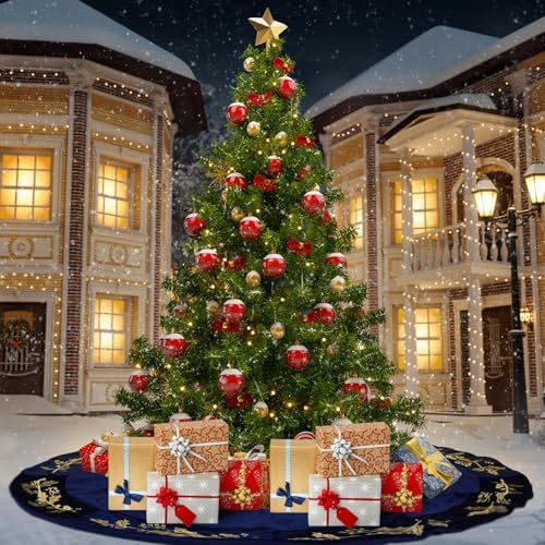 72 Inch Christmas Tree Skirt Velvet Xmas Tree Skirt with Gold Embroidery Holly Leaf Decorations for Christmas Party Favors Holiday New Year Decor(Blue) - Image 5