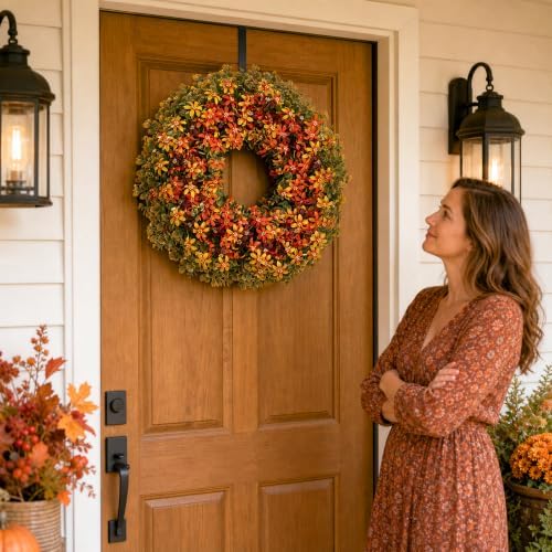 BLOSMON Fall Door Boxwood Wreath, 24 Inch Autumn Wreaths with Hanger - Image 4