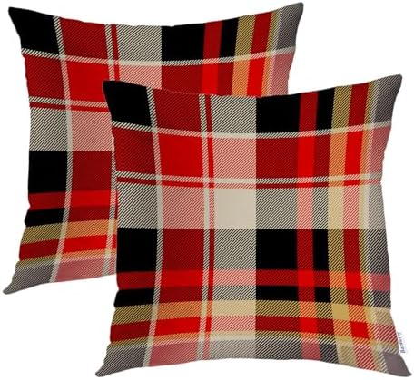 Batmerry Red Blue Abstract Plaid Throw Pillow Covers, Tartan Plaids Traditional Beige Decorative Pillow Covers Digital Printing Blended for Couch Sofa Bed Invisible Zipper 26X26 in(Set of 2) by Batmerry