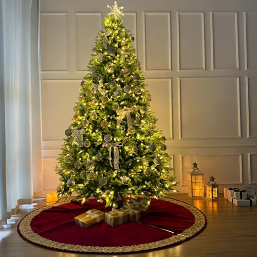 84-Inch Venetian Gilded Velvet Christmas Tree Skirt with Gold Embellished Border, Foam-Padded, Button Closure, Burgundy - Image 3