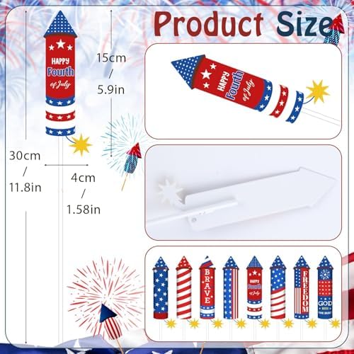 8 Pcs 4th of July Metal Firework Garden Stakes, American Flag Yard Sign, Patriotic Independence Day Memorial Day Decor for Outdoor Lawn, Yard, Garden, Walkway (Rockets) - Image 2