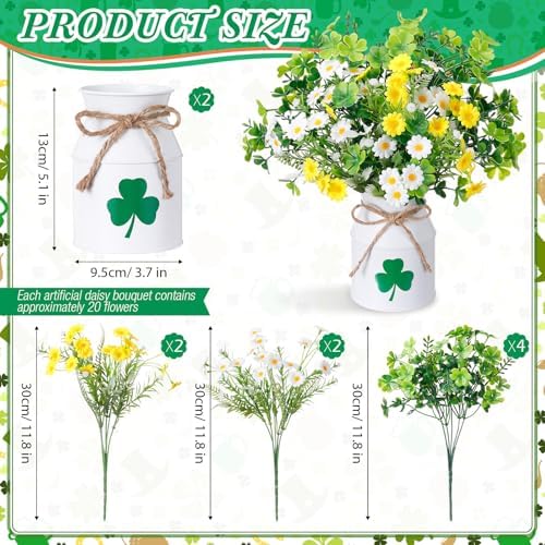 Canlierr 10 Pcs St. Patrick's Day Decorations Table Centerpiece Artificial Daisy Four Leaf Clover Branches with Vase Set Green Floral Arrangements for Home Farmhouse Party - Image 2