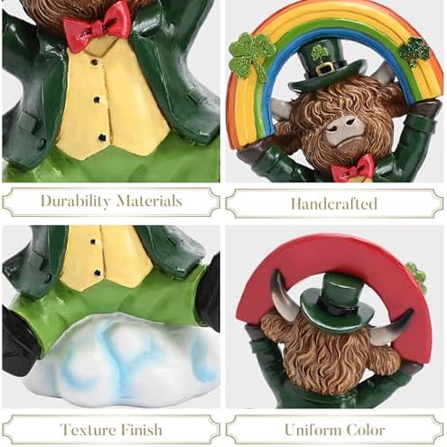 Valery Madelyn St Patricks Day Decorations for Home, 2Pcs Highland Cow Decor with Shamrock Pot of Gold, Irish Resin Leprechaun Figurines St Patricks Day Tiered Tray Decoration Table Centerpiece, 4.5" - Image 5