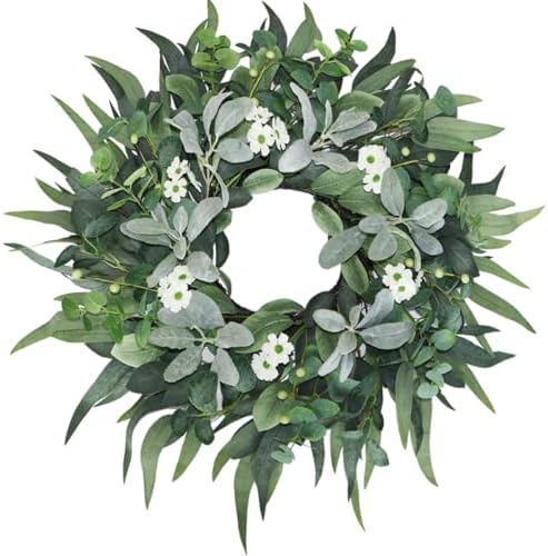 24"-26" Green Eucalyptus Wreaths for Front Door with Lambs Ear White Flowers – Lifelike Spring, Summer, and Winter Wreath for Farmhouse Front Porch Door Decor by BINFEN