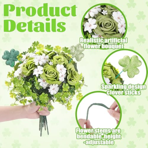 Zeyune 9 Pcs St. Patrick's Day Flower Decorations Artificial Shamrock Centerpiece Table Green Rose Clover Branches Fake Gerbera Picks Floral Arrangement for Irish Decor Farmhouse Home Party Supplies - Image 3