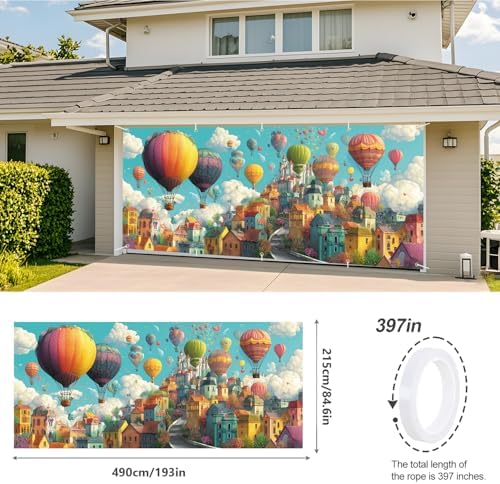 Hot Air Balloon Fantasy Summer Garage Door Banner 7x16FT, Colorful Balloon & Sky City Garage Door Cover, Vibrant Outdoor Decoration for Spring & Summer Parties Home Decor - Image 3