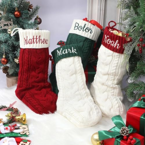 Personalized Christmas Stockings,Custom Embroidered Name & Monogram Knit Stockings for Kids,Family,Red/Green Cable Knit 18" Christmas Stocking for Fireplace Holiday Decor Gifts(7 Pack) - Image 6