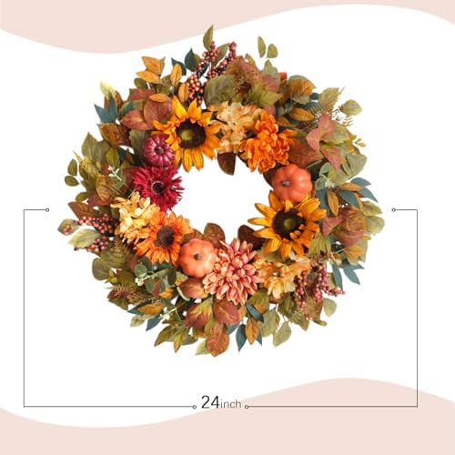 24 Inch Sunflower Pumpkin Fall Wreath for Front Door - Artificial Grapevine Harvest Decor with Dahlias & Hydrangeas, Thanksgiving Autumn Wreaths Indoor Outdoor, Farmhouse - Image 3