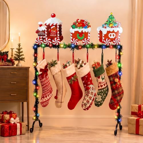 Treela Christmas Metal Stocking Holder Stand Floor 6 Hooks,Gingerbread - Image 6