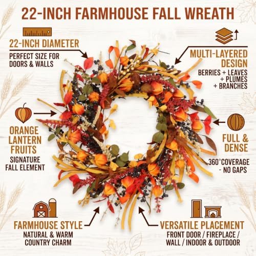 Boho Fall Wreath 22 Inch Grapevine Harvest Front Door Décor - Image 4
