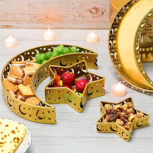 4 Pcs Eid Mubarak Trays Decor Ramadan Moon Serving Trays Star Islam Muslim Food Serving Tray Iron Tray Decorations for Ramadan Islam Party Dessert Pastry Display Holder Decoration - Image 6