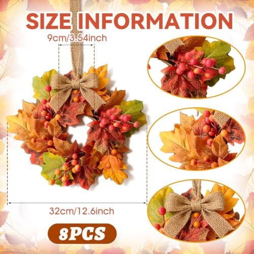 6 Pcs Small Fall Hanging Wreaths with Artificial Autumn Maple Oak Leaves Red Orange Berry Clusters Mini Cabinet Wreath for Home Table Centerpieces Kitchen Farmhouse Thanksgiving Party Decor - Image 2