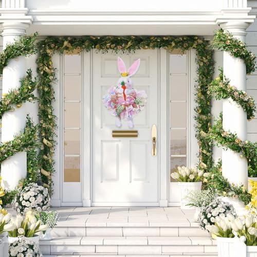 Easter Wreaths for Front Door with Lights,Easter Door Wreath,Easter Mesh Wreath,Bunny Spring Colorful Easter Decorations Holiday Ornament for Home Indoor Outdoor Supplies (Pink Bunny) - Image 7