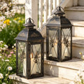 TRIROCKS Set of 2 Vintage Hanging Lantern - 13.5'' Decorative Metal & Tempered Glass Candle Holder - Ideal for Indoor/Outdoor Events, Patio, Garden, Parties Black & Gold Brush Finish by TRIROCKS