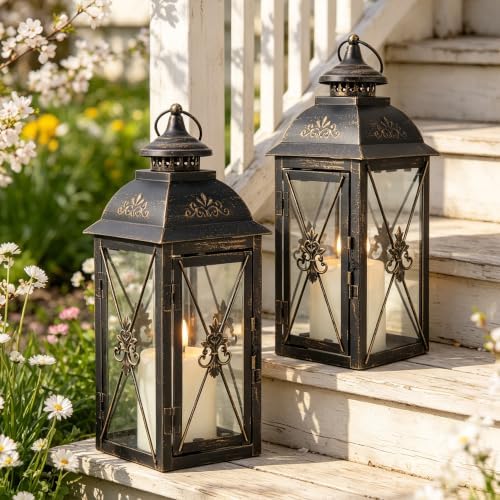 TRIROCKS Set of 2 Vintage Hanging Lantern - 13.5'' Decorative Metal & Tempered Glass Candle Holder - Ideal for Indoor/Outdoor Events, Patio, Garden, Parties Black & Gold Brush Finish by TRIROCKS