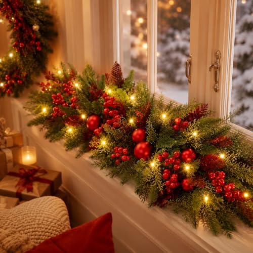 Yalikop 2 Pcs 24.5 Inch Christmas Swags with Light, Ball and Berry - Image 5