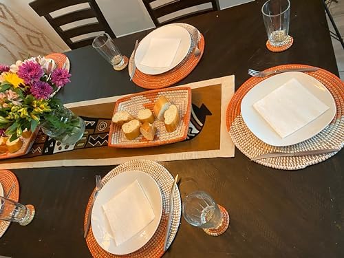 Senegal Placemats/African Bohemian Woven Seagrass Placemats/Natural Wicker Round Basket Placemats/Decorative Hanging Wicker Plates/Hanging Wall Decor (Orange & White) - Image 7
