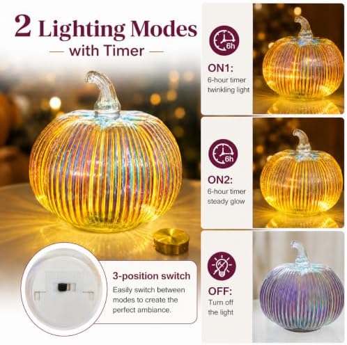 Iridescent Glass Pumpkin Light with Timer, 5.5 in Ribbed Glass Pumpkin Decor, Battery Operated LED Pumpkin Lamp with 3 Lighting Modes, Fall Thanksgiving Halloween Christmas Table Mantel Decor - Image 6