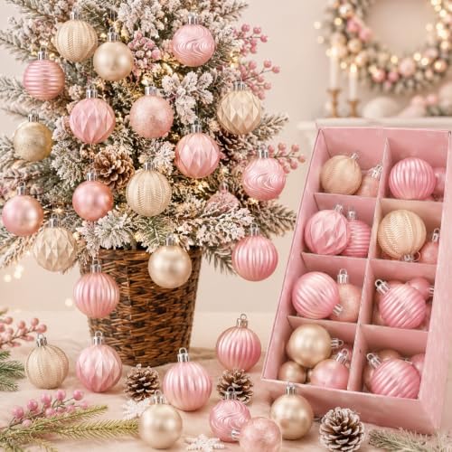 Lunmon 64 Pcs Blush Pink Champagne Gold Christmas Ornaments Xmas Bulbs by Lunmon