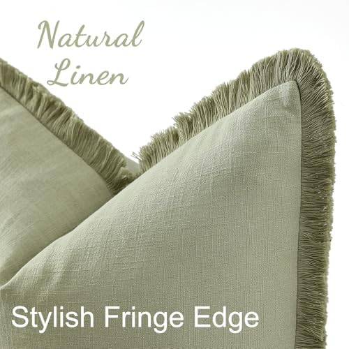 decorUhome Linen Fringe Sage Green Throw Pillow Covers 12x20 Set of 2 - Image 2